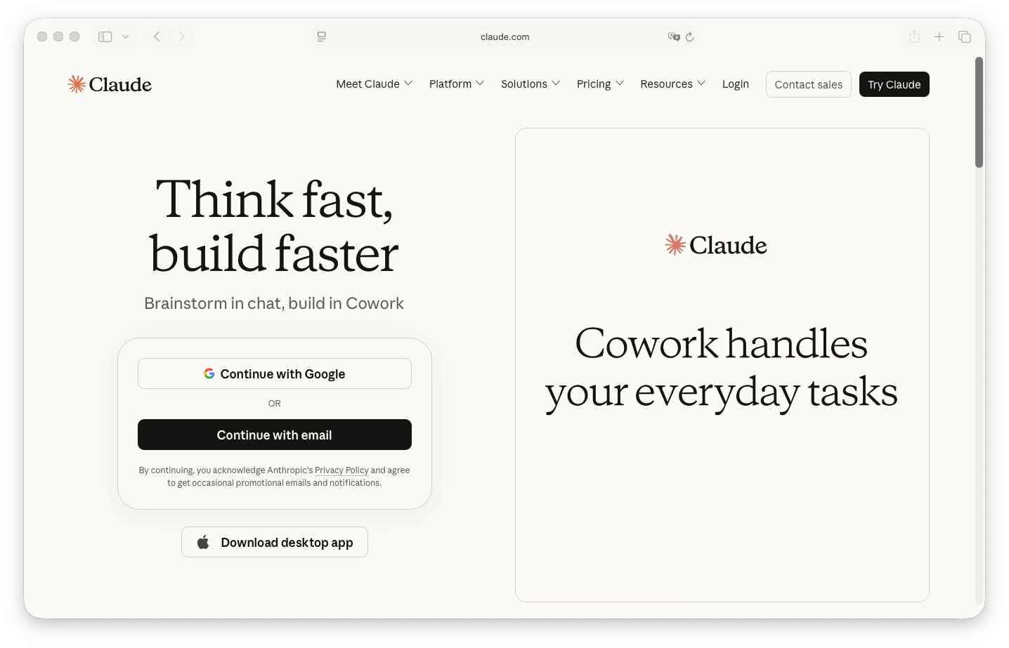 De downloadpagina van Claude met de knop Download desktop app