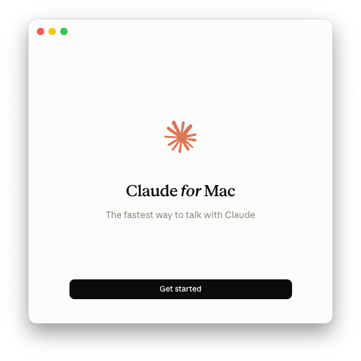 Het welkomstscherm Claude for Mac met de knop Get started