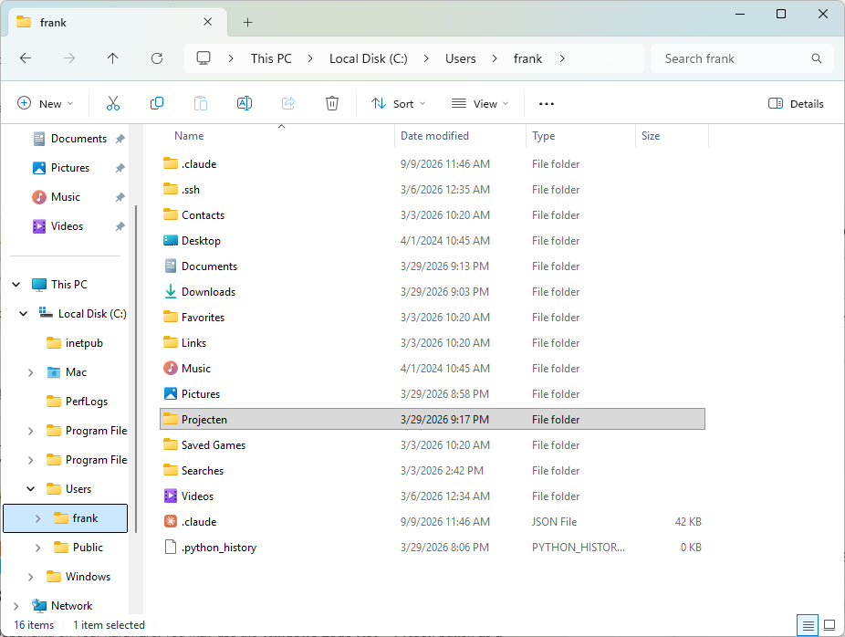 De map Projecten in je gebruikersmap op Windows