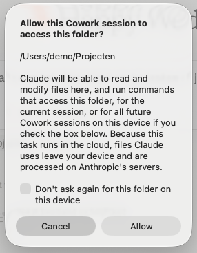 Het venster Allow this Cowork session to access this folder, met uitleg over de cloud