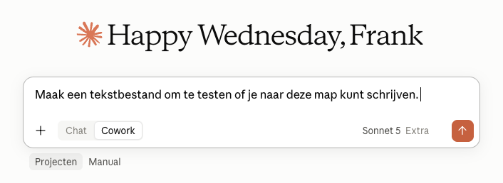 De testopdracht in de invoerbalk, met de map Projecten eronder