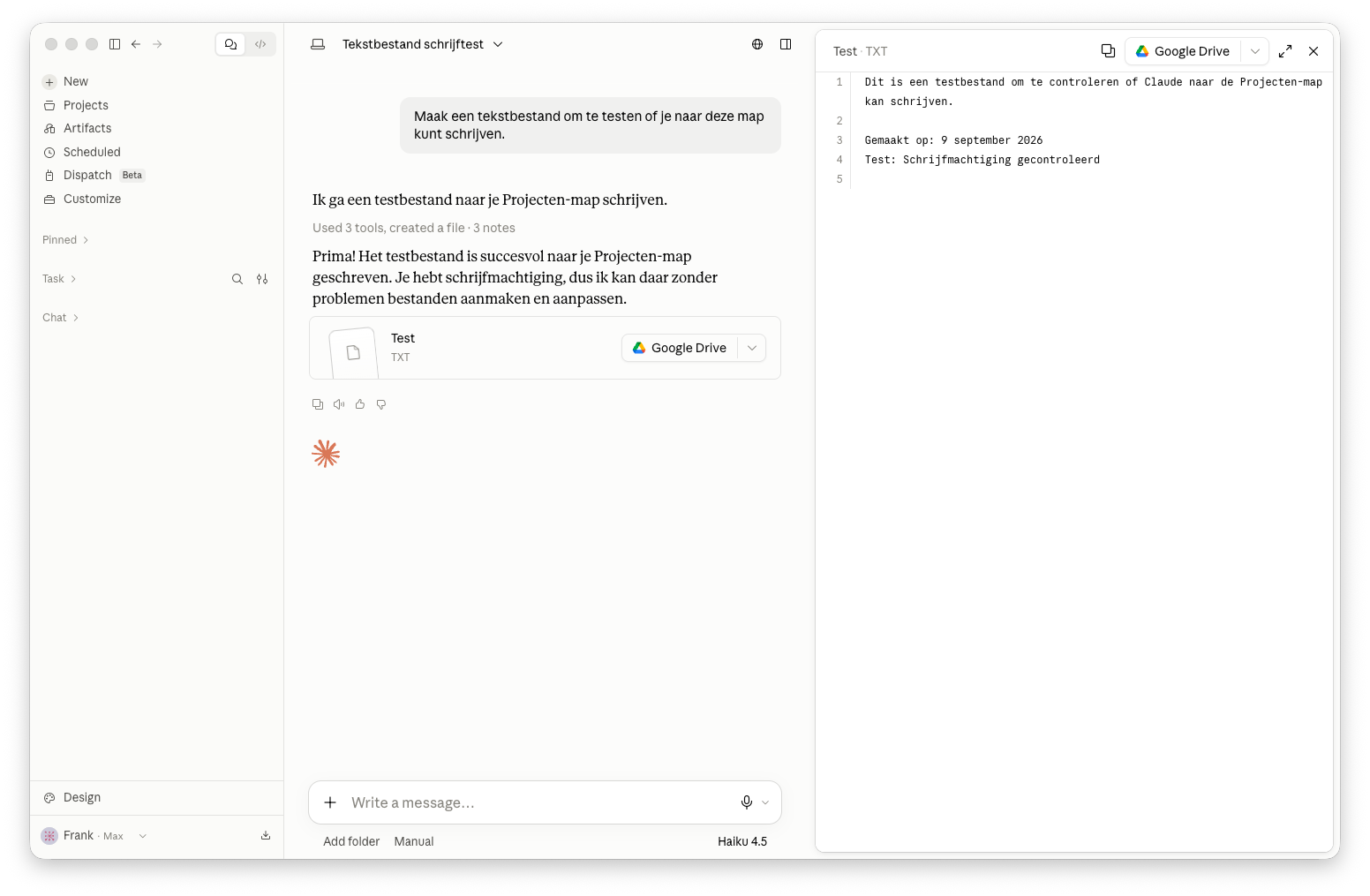 Het resultaat: een aangemaakt tekstbestand in het rechterpaneel
