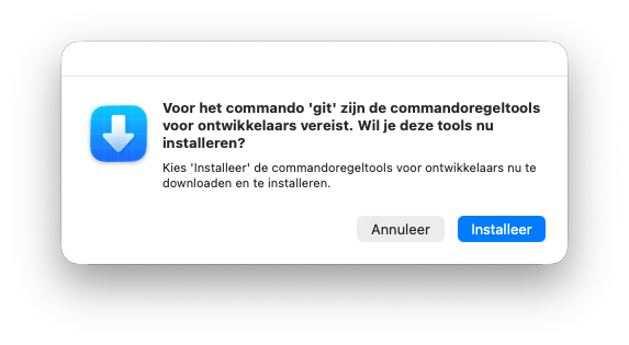 De macOS-melding dat de commandoregeltools vereist zijn voor het commando git